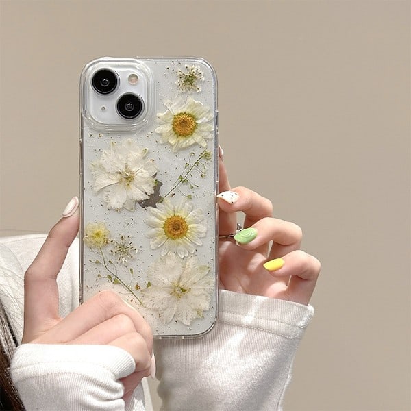 Transparent mobilskal för iPhone 16 Pro med pressade äkta blommor, Glittrande söt vit blommig design, Tunt mjukt TPU-skydd