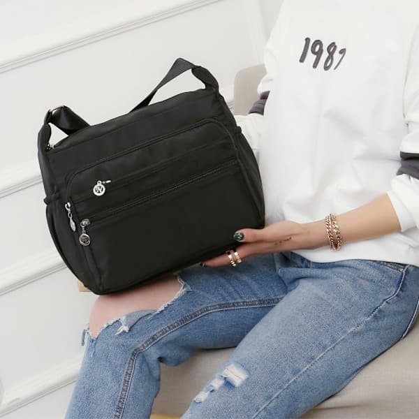 Nylon Oxford Messenger Taske (sort), afslappet canvas til damer