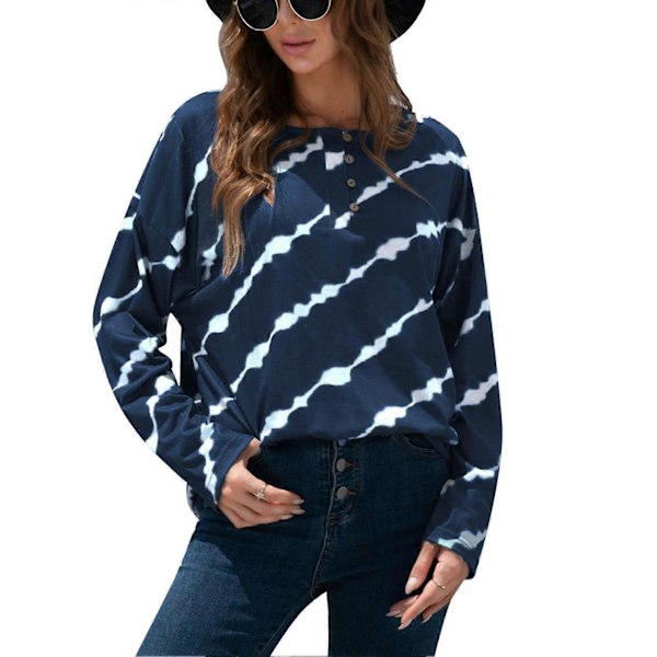 Bluse Langærmet Rund Hals Knap Tie Dye Strikket Komfortabel Afslappet Toppe til Kvinder