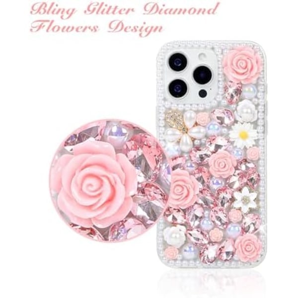 Bling Glitter Diamantdeksel for iPhone 16 Pro Max, Luksuriøs Krystall Rhinestone Glitrende Blomster Perle Beskyttende Deksel for Kvinner Jenter