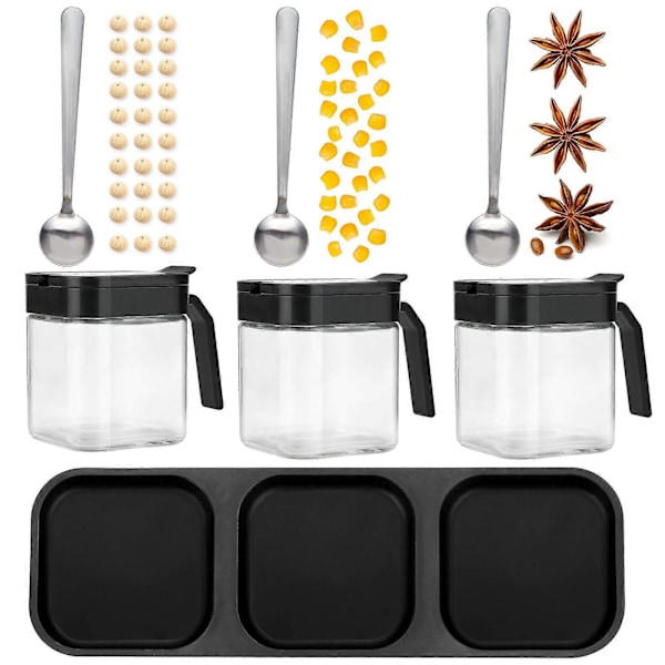 Set med 3 kryddbehållare i glas med lock, skedar, hållare, för köket