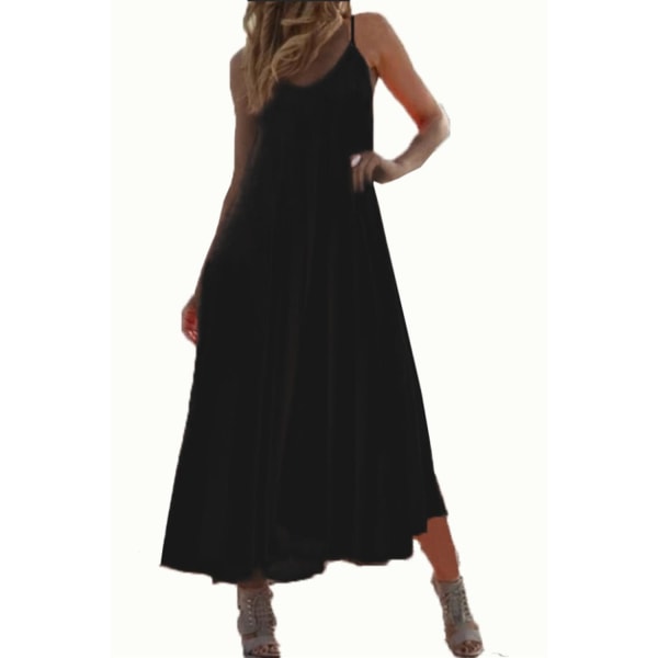 Kvinnor sommar temperament enfärgad sling stor størrelse lang klänning black XL