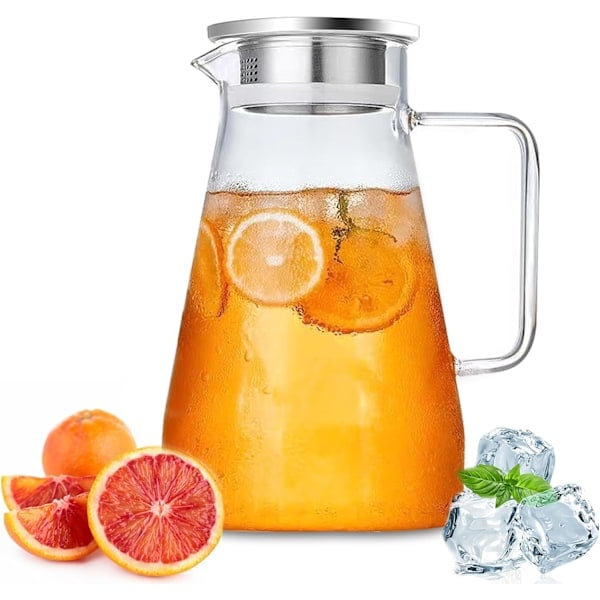 2,3 liters glaskaraffel med låg og håndtag, klar iste-kande til varmt og koldt vand, til hjemmelavet drik/iste/vin/kaffe/mælk/juice