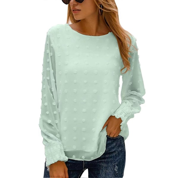 Langermet Bluse Rund Hals Løs Passform Myk Pustende Ensfarget Dame Casual Topp for Jobb Date Shopping
