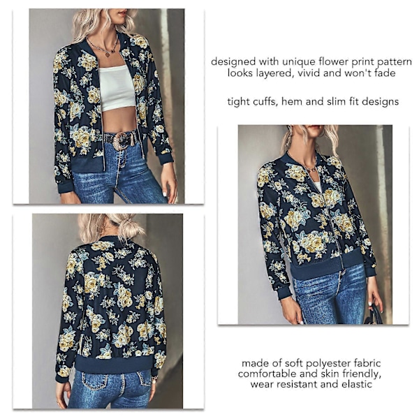 Dame Langærmet Lynlåsjakke Blomsterprint Slim Fit Casual Jakke til Daglig Udendørs Shopping
