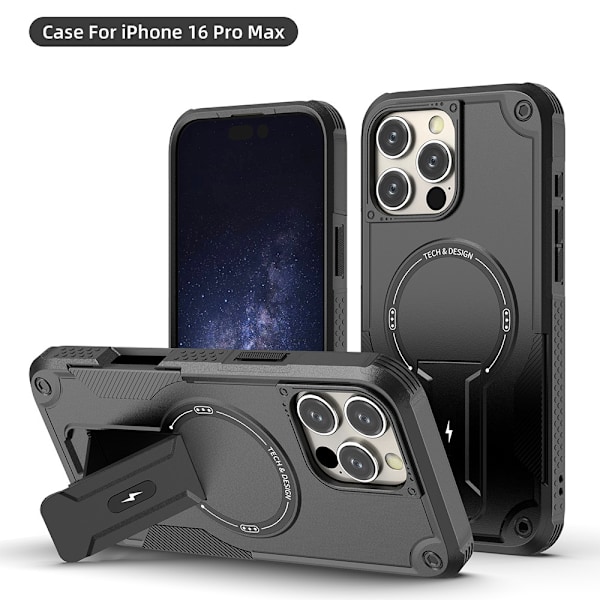Fyrhörns anti-fall magnetiskt osynligt stativ mobilskal lämpligt för iPhone1516promax black iPhone16E