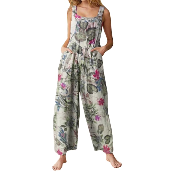 Damblommiga Lös Jumpsuit Långa Breda Ben Byxor Romper ommar White S