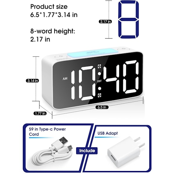 Superhög väckarklocka för djupsömnare, digital klocka med 7-färgs nattlampa, justerbar volym, USB-laddare, liten för sovrum, ok