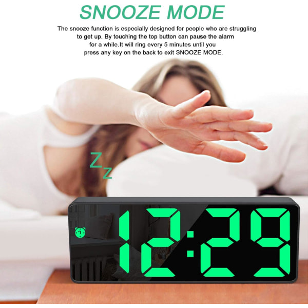 Digital väckarklocka, stor LED-display, med snoozefunktion och justerbar ljusstyrka USB-laddning, kontor Grön