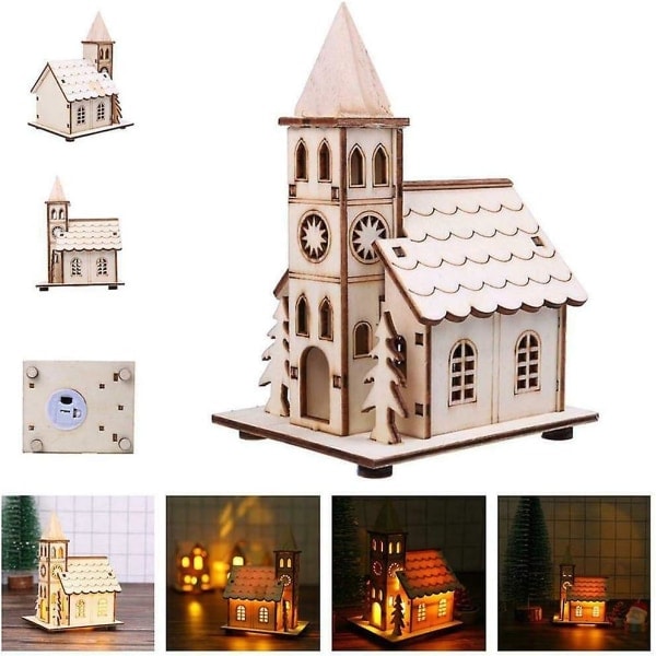 Ny Rustik LED Trækirke - DIY Træ Juleby Scene - Belyste Juledekorationer 2020 - Perfekt Til Juleværksted - Med Vil
