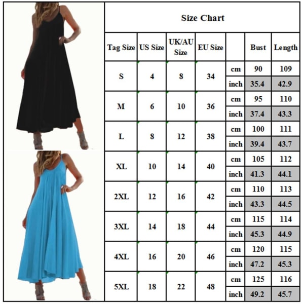 Kvinnor sommar temperament enfärgad sling stor størrelse lang klänning black XL