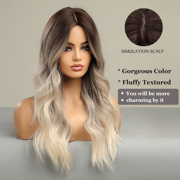 Lång vågig gradient brun till blond peruk för kvinnor, gradientfärgad peruk, lämplig för daglig festrollspel