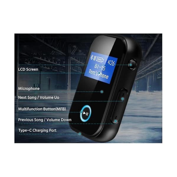 Bluetooth-adapter med skjerm, trådløs 5.0 Bluetooth-mottaker for bil med 3,5 mm lydkabel