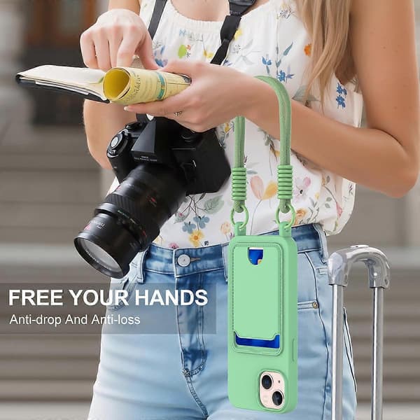 Flydende silikone etui til iPhone 14 Plus / iPhone 15 Plus med kortholder og kort rem, grøn