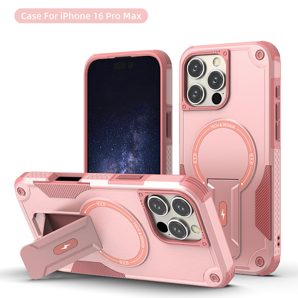 Fyrhörns anti-fall magnetiskt osynligt stativ mobilskal lämpligt för iPhone1516promax pink iPhone15