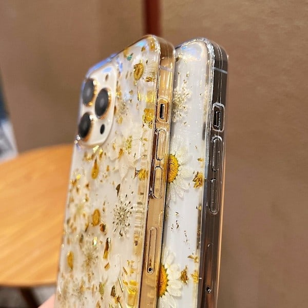 Design iPhone 16 Pro Cover Blomster, Klart Sødt Glitter Presset Tørret Blomstermønster Cover Transparent Blødt Slim TPU Beskyttende (Guld Tusindfryd) iPhone 14 Plus/15 Plus
