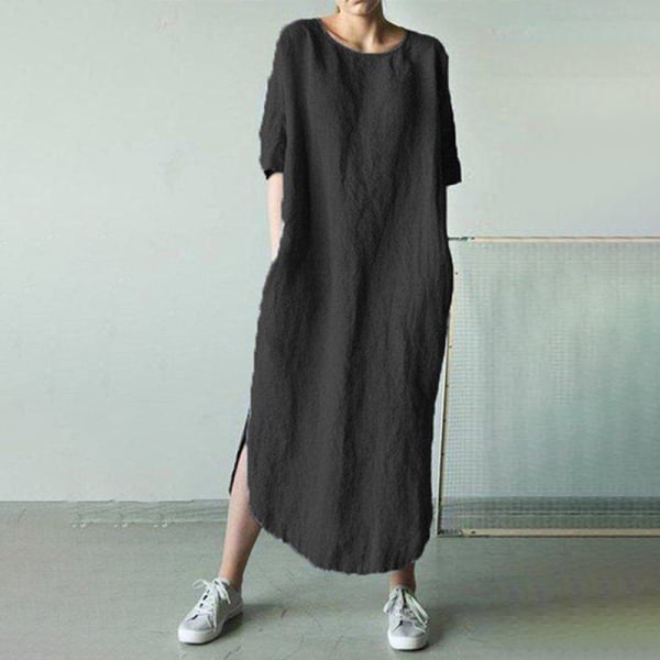 Kvinnor Halv ärm lång Klänning Enfärgad Maxiklänningar Black XL