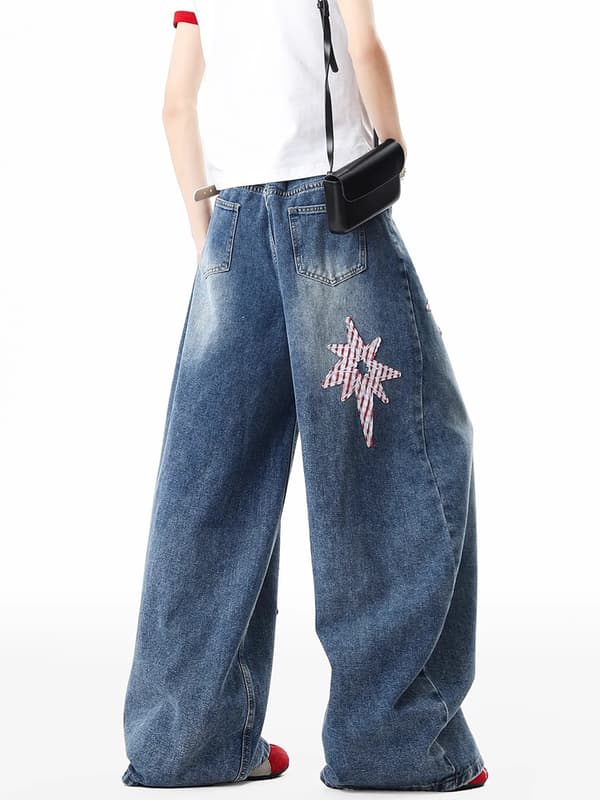 Amerikansk-stil 3D stjernemønstrede denimjeans til kvinder, efterårsdesign, løstsiddende lige ben... L