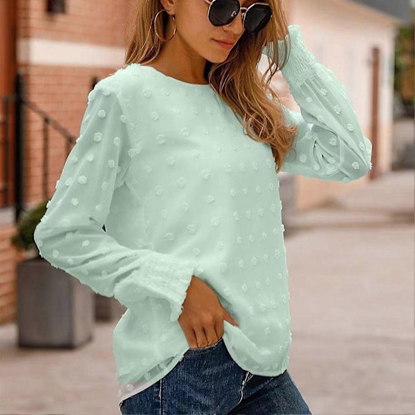 Langermet Bluse Rund Hals Løs Passform Myk Pustende Ensfarget Dame Casual Topp for Jobb Date Shopping