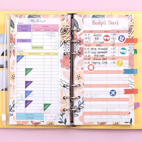 Budgetmappe, A6 PU-læder notesbog/planlægger/organizer, mørkegrøn, 23-dele sæt.