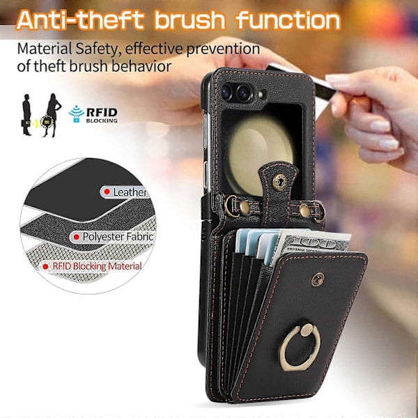 Crossbody-pung etui til Samsung Galaxy Z Flip 6, skulderrem, ringstativ, RFID-kortlomme, læder etui Rød Til Galaxy Z Flip 6