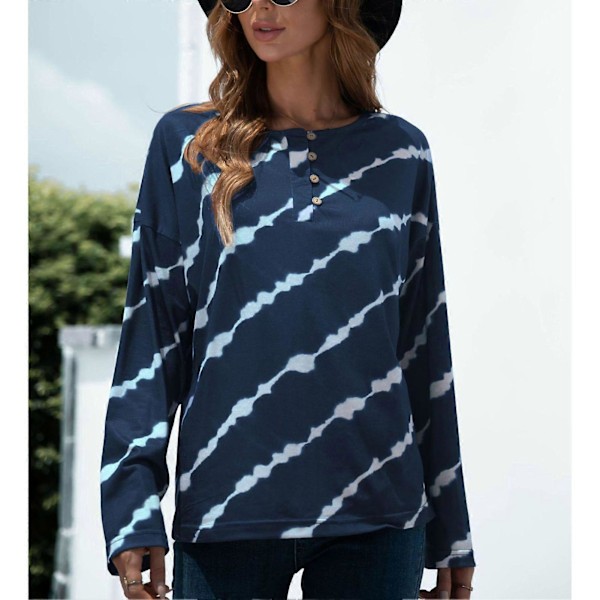 Bluse Langærmet Rund Hals Knap Tie Dye Strikket Komfortabel Afslappet Toppe til Kvinder