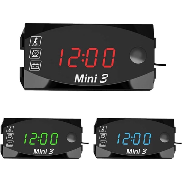 3 i 1 digital motorcykelurtermometer Digital voltmeter Styrbeslag IP67 vandtæt ur med stor skærm, 12v/24v (grøn)