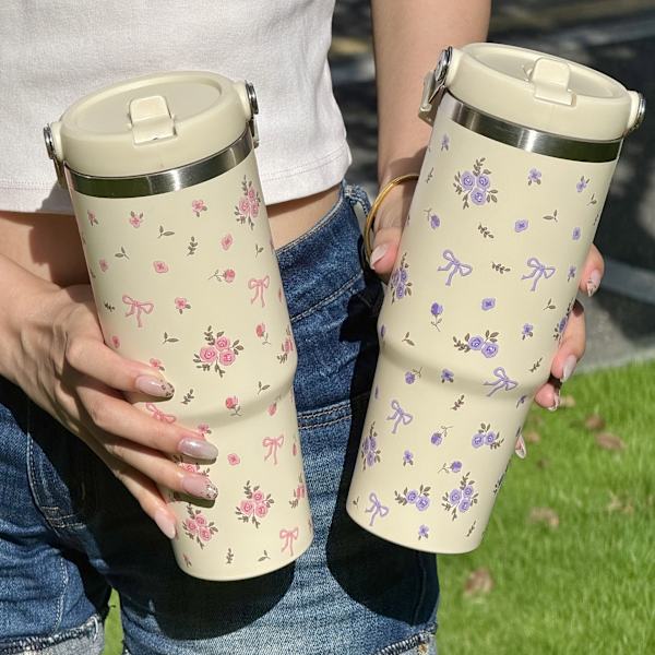 Kreativt tryck bärbar bilmugg jätte 307 rostfritt stål termosmugg bil ismugg Tulip with blue bow