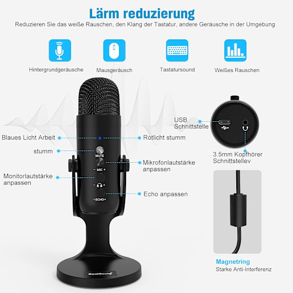USB-mikrofon, ZealSound kondensatormikrofon för iPhone PC laptop surfplatta och Typ-C mobiltelefon, bordsmikrofon för inspelning streaming