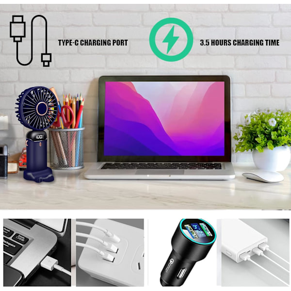 Kokoontaitettava pöytätuuletin LED-näytöllä, kannettava kädessä pidettävä USB-ladattava tuuletin