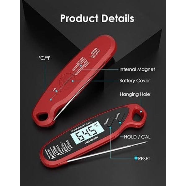 Digital kökstermometer med omedelbar avläsning, kötttermometer med lång sond och stor LCD-skärm Dual