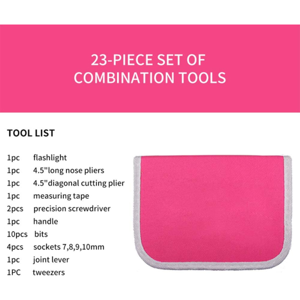 Kvinders 23-delt Pink Værktøjssæt til gør-det-selv med Pink Nylon Opbevaringsboks
