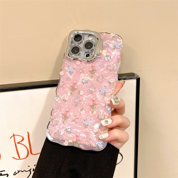 Litet fräscht skalmönster blommigt passande för iPhone15 mobilskal Apple 16promax linsskydd skyddande skal pink iPhone16plus