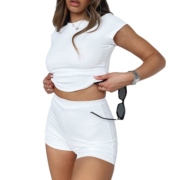 Ribbstickad kortärmad skinny t-shirt slim shorts dam 2-delad skinny workout löpning Activewear Set White L