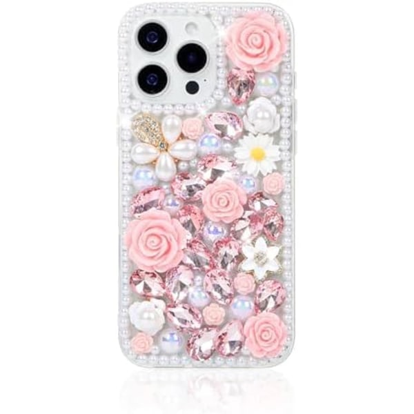 Bling Glitter Timanttikotelo iPhone 16 Pro Maxille, Ylellinen Kristallitimantti Kimalteleva Kukka Helmi Suojakotelo Naisille Tytöille