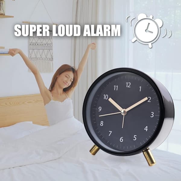Alarm Clock, Silent Non Ticking with Light, Modern Metal Bedside Alarm Clock Black 11×11cm
