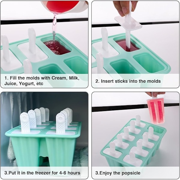 Isforme til is, 10 huller BPA-fri silikoneform til ispinde, DIY isform med 1 sammenklappelig tragt og 1 rengøringsbørste - Grøn green ...
