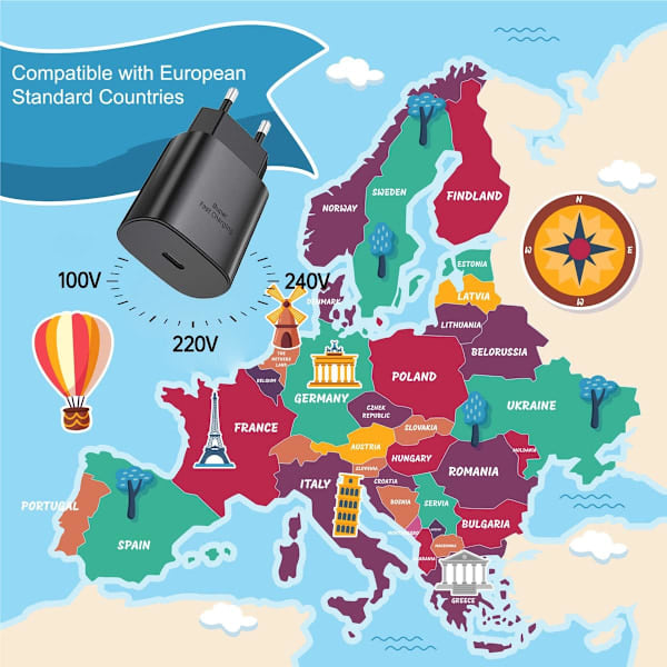 45W Europa USB Typ C Supernopea Laturi Eurooppalainen Matka-adapteripistoke Samsung Galaxy S24 S23 S22 S21 Ultra Plus A25 A15 A53 A52 A14 iPhone Pixelille