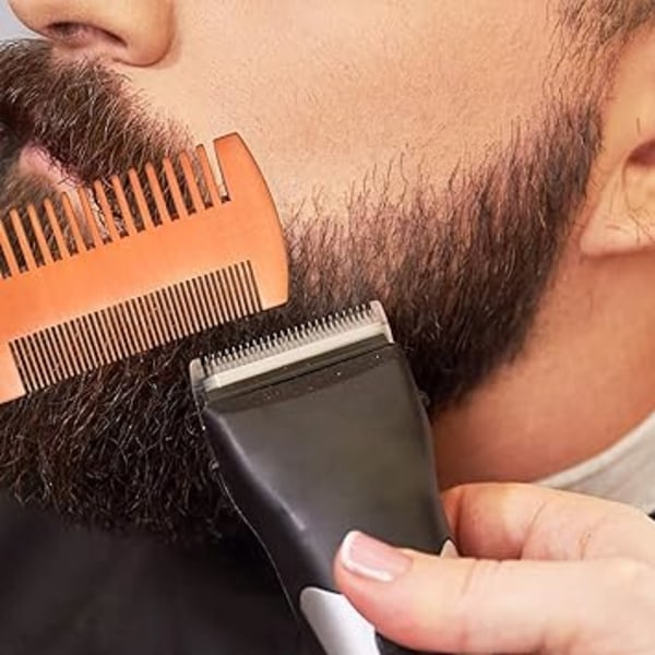 Träskäggkam, trämustaschkam med läderfodral för skäggvård och styling