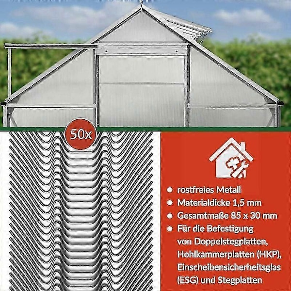 Greenhouse Guardian, Starka fästklammer för dubbelkammarplattor, bladfjäderklämmor som säkerställer stormsäkert skydd i ditt växthus