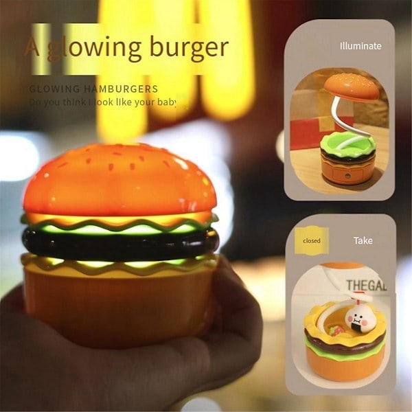 Söt Bordslampa för Barn, Uppladdningsbar Hamburger Liten Bordslampa med Justerbar Hals Touch-brytare w