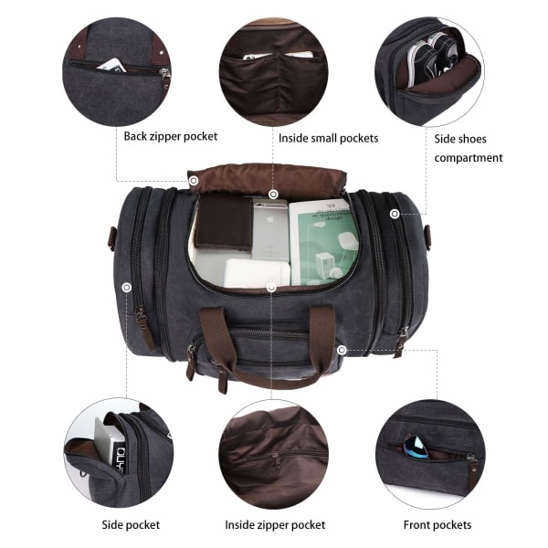 Canvas Duffelväskor Nya Två Sidofickor med Fack för Unisex Weekend Daypack Stor Holdall Resväska (Svart)