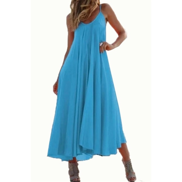 Kvinnor sommar temperament enfärgad sling stor storlek lång klänning bule XL