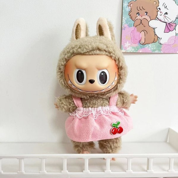 Rosa hängslen med körsbär, (endast kläder) 17 cm hänge blind box macaron Labubu Labubu Time to chill dockkläder