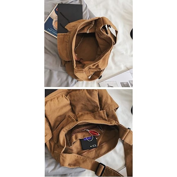 Canvas Crossbody-väska för dam, stor messenger-väska, axelväska för resor, flera fickor