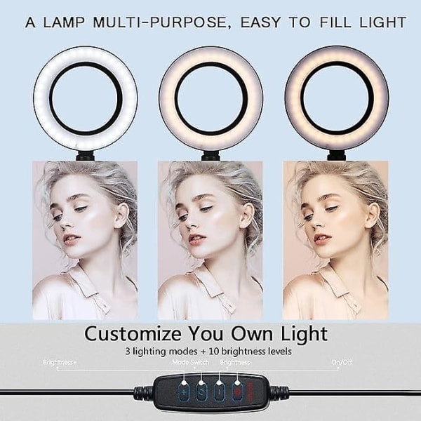 LED-ringlys med skrivebordsstativ og mobiltelefonholder, 3 lystilstande justerbar ringlampe til Tiktok, livestream 28-45CM (sort)