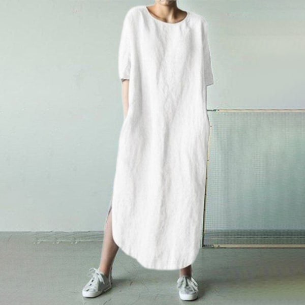 Kvinnor Halv ärm lång Klänning Enfärgad Maxiklänningar White XL