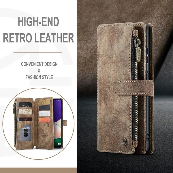 Fodral för Samsung Galaxy A22 5G Plånboksfodral Slitstarkt PU-läder Magnetisk Flip Dragkedja Korthållare - Brun Brown none