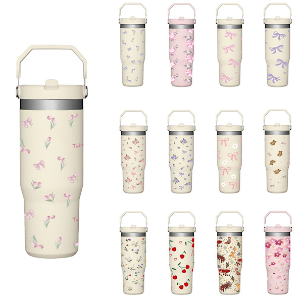 Kreativt tryck bärbar bilmugg jätte 307 rostfritt stål termosmugg bil ismugg Tulip with blue bow