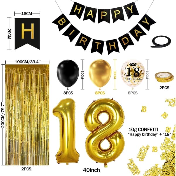18 år svart gull bursdagsdekorasjon, gratulerer med dagen banner, h
